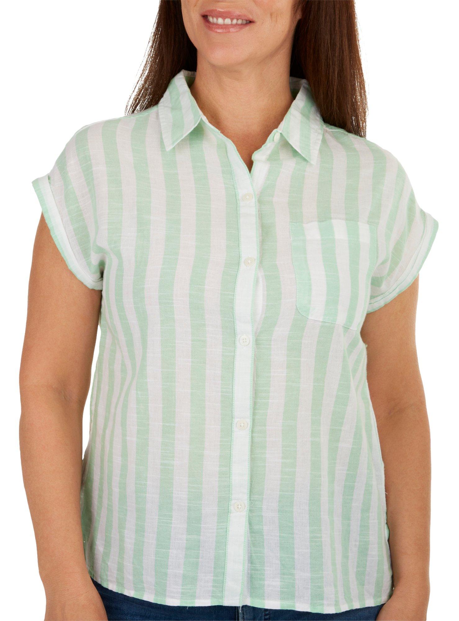 Dash Womens Striped Button Down Split Neck Sleeveless Top