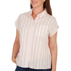 Dash Womens Wide Stripe Button Down Pocket Short Sleeve Top