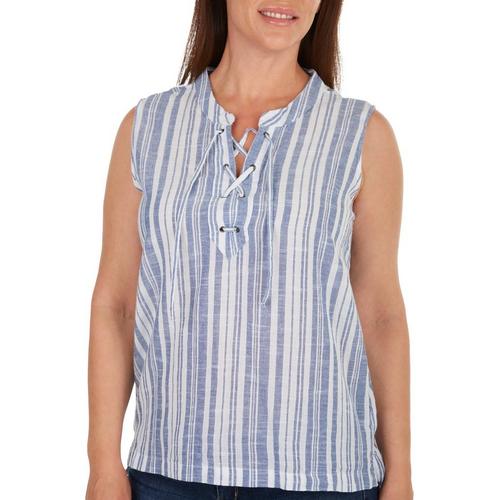 Dash Womens Stripe Embroidered Lace Up Sleeveless Top