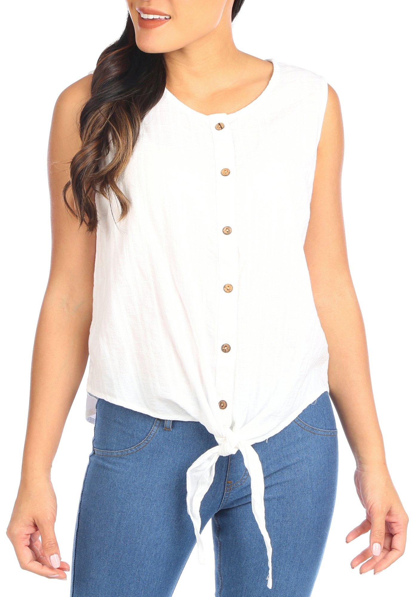 Womens Solid Button Down Sleeveless Tie Top