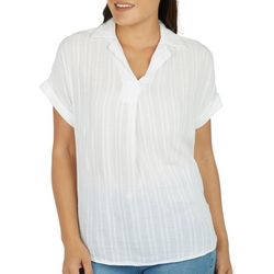 Womens Short Sleeve Textured Button-Back Top