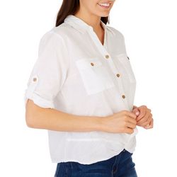 Womens Solid Button Down Front Twist 3/4 Sleeve Top