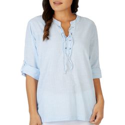 Womens Thin Stripes Lace Up 3/4 Sleeve Top
