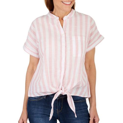 Dash Womens Striped Tie Front Short Sleeve Top