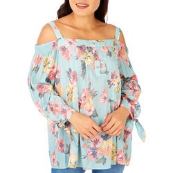 Womens Floral Cold Shoulder 3/4 Tie Sleeve Top