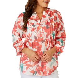 Womens Watercolor Floral Pattern Pleated Line 3/4 Sleeve Top