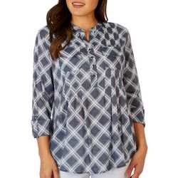 Womens Gingham Pattern Pleated Line 3/4 Sleeve Top
