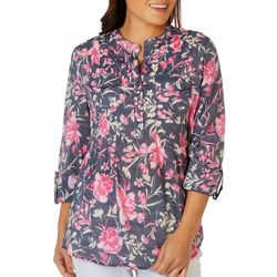 Womens Floral Double Pocket Pleated Henley 3/4 Sleeve Top