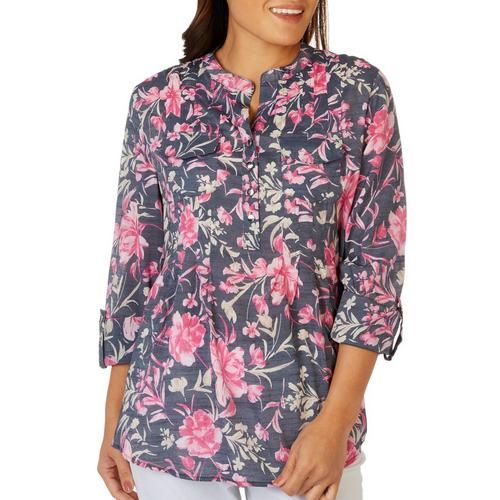 Womens Floral Double Pocket Pleated Henley 3/4 Sleeve