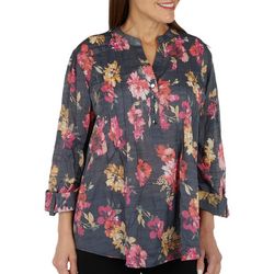 Womens Midnight Floral Print Pleated Henley 3/4 Sleeve Top