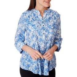 Womens Floral Fields Double Pocket Pleated 3/4 Sleeve Top