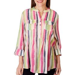 Womens Striped Pleated Double Pocket Henley 3/4 Sleeve Top