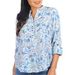 Womens Bright Floral Lace Trim Henley Top