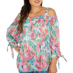 Womens Watercolor Floral Cold Shoulder 3/4 Sleeve Top