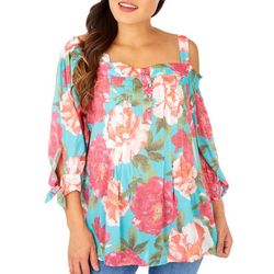 Womens Floral Pattern Cold Shoulder 3/4 Tie Sleeve Top