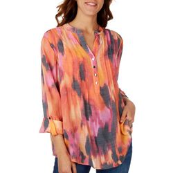 Coral Bay Womens Print Linen 3/4 Sleeve Top