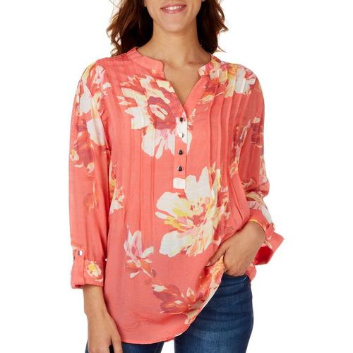 Coral Bay Womens Print Linen 3/4 Sleeve Top