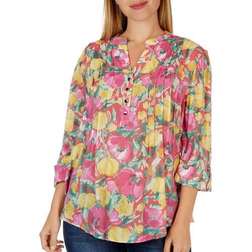 Coral Bay Womens Floral Linen 3/4 Sleeve Top