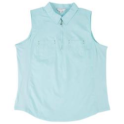 Womens Solid Zip Front Sleeveless Top