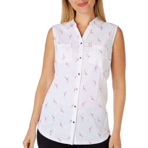 Coral Bay Womens Flamingo Button Front Stretch Tank