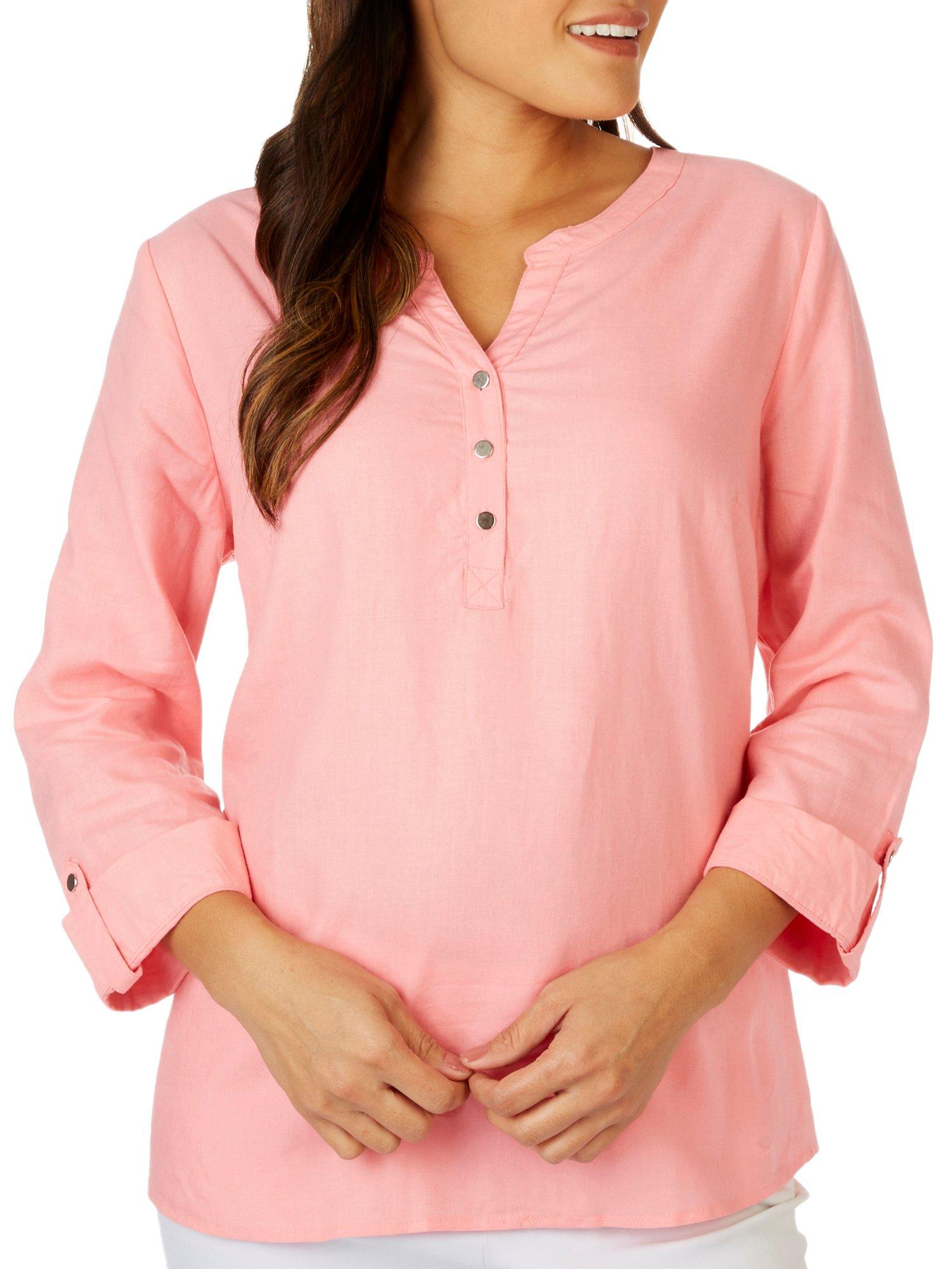 Womens Solid Henly Linen 3/4 Sleeve Top