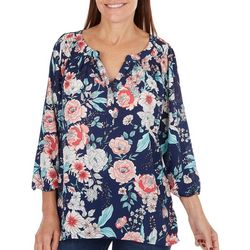 Womens Floral Smocked Henley 3/4 Sleeve Top