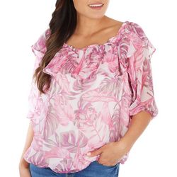 Womens Tropical Leaf Print Off The Shoulder 3/4 Sleeve Top