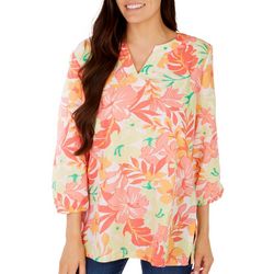 Coral Bay Womens Floral Split Neck 3/4 Length Sleeve Top