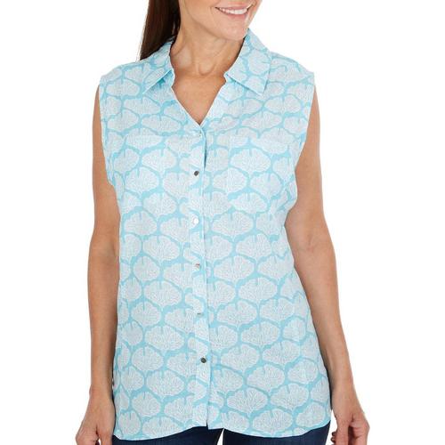 Coral Bay Womens Print Button Down Sleeveless Top