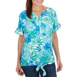 Coral Bay Womens Floral Button Down Tie Short Sleeve Top
