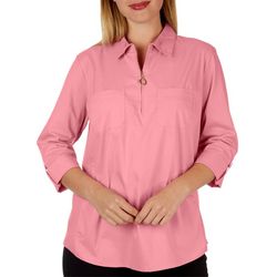 Coral Bay Womens Solid Zippered Knit To Fit 3/4 Sleeve Top