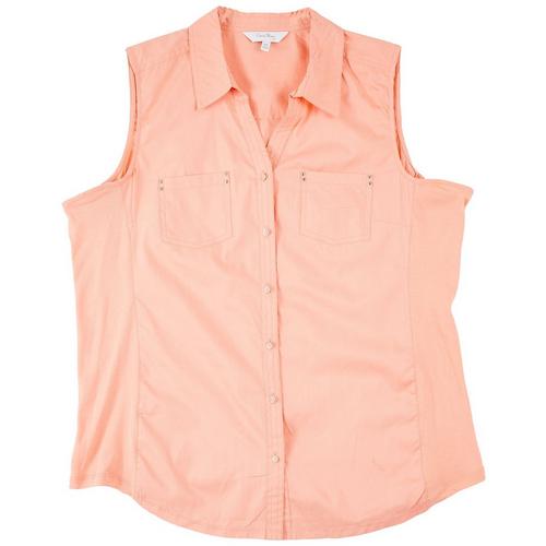 Coral Bay Womens Solid Button Front Sleeveless Top