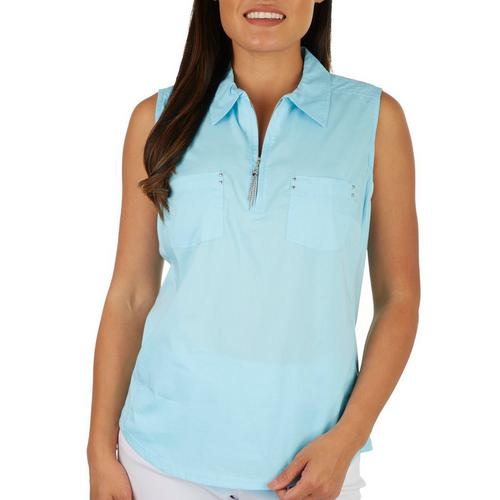 Coral Bay Womens Solid Zip Front Sleeveless Top