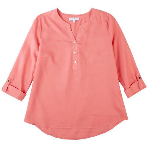 Coral Bay Womens Solid Henley 3/4 Sleeve Top