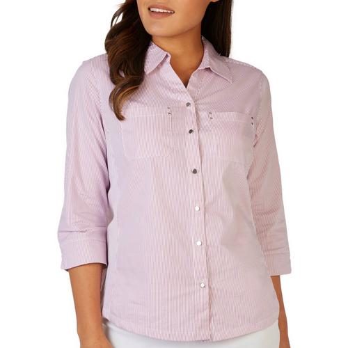 Coral Bay Womens Striped Stretch Button Down Long