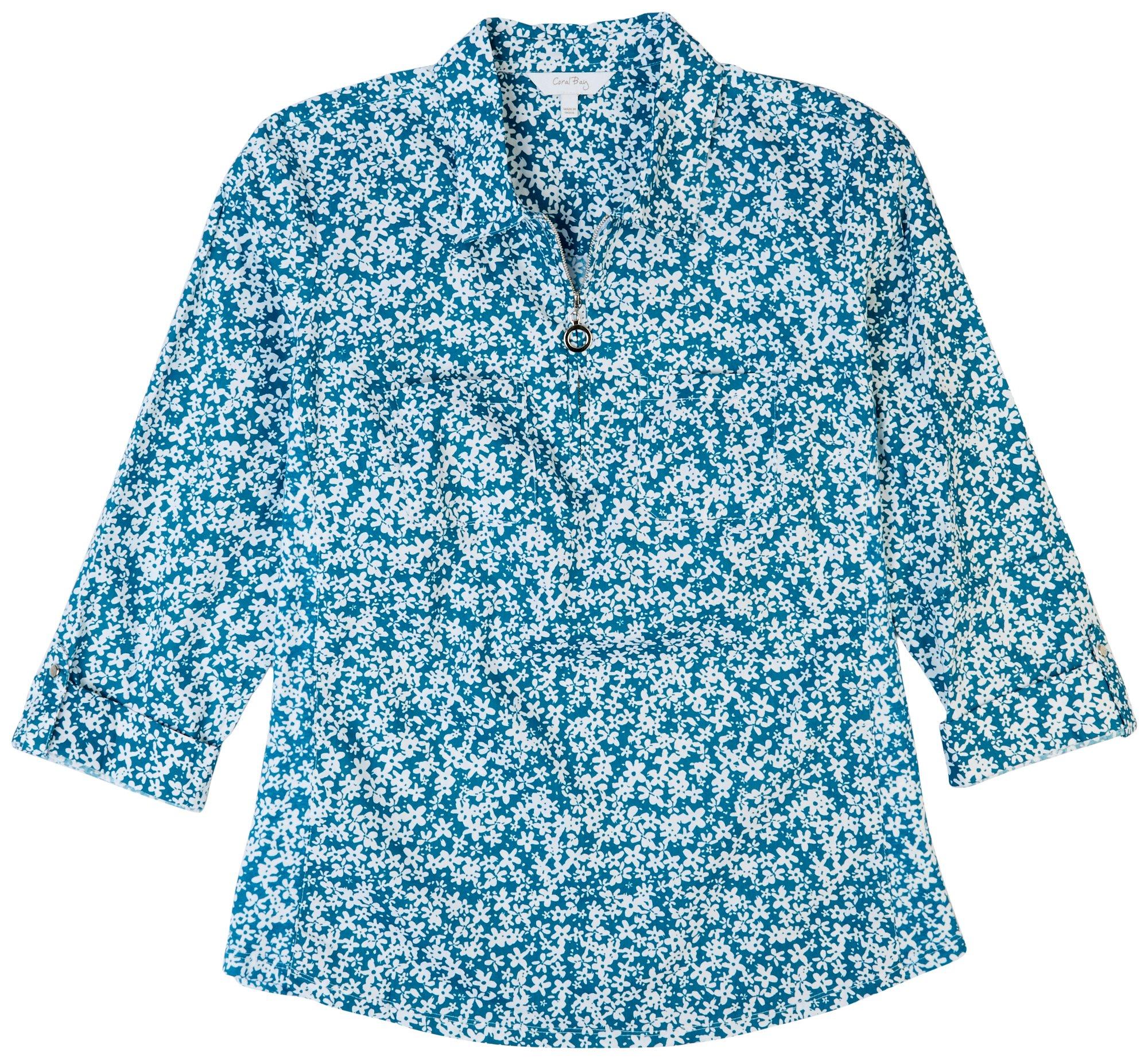 Womens Floral Pattern Zippered Knit To Fit 3/4 Sleeve Top