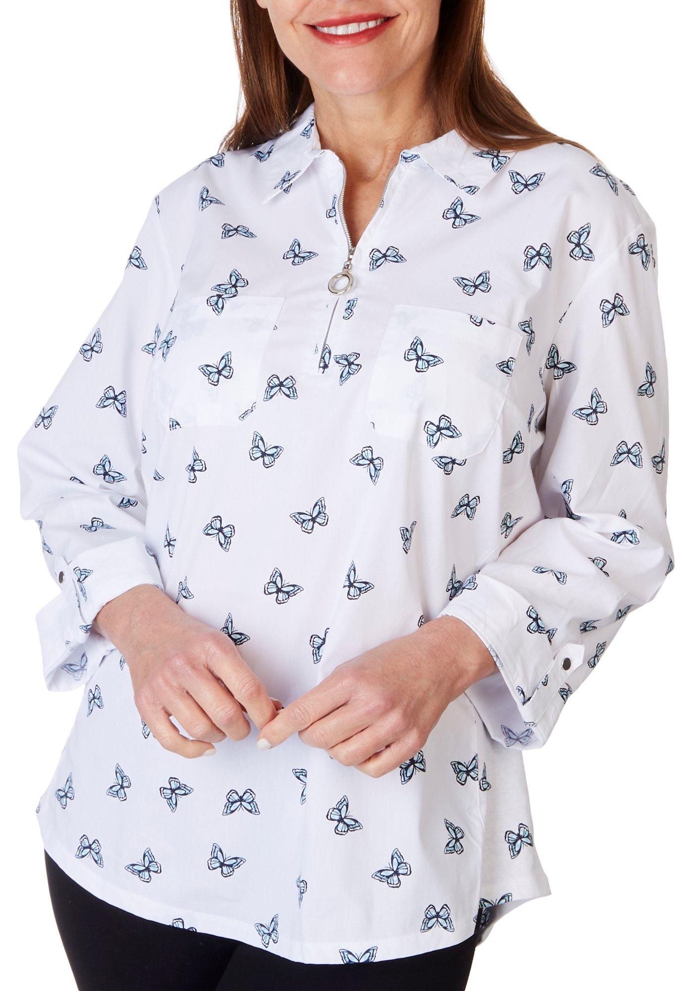 Womens Butterfly Zippered Stretch 3/4 Sleeve Top