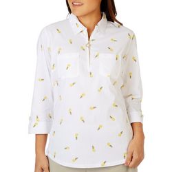 Womens Pineapple Zippered Stretch 3/4 Sleeve Top