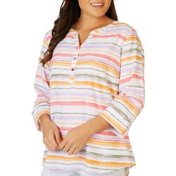 Womens Striped Henley Woven 3/4 Sleeve Top