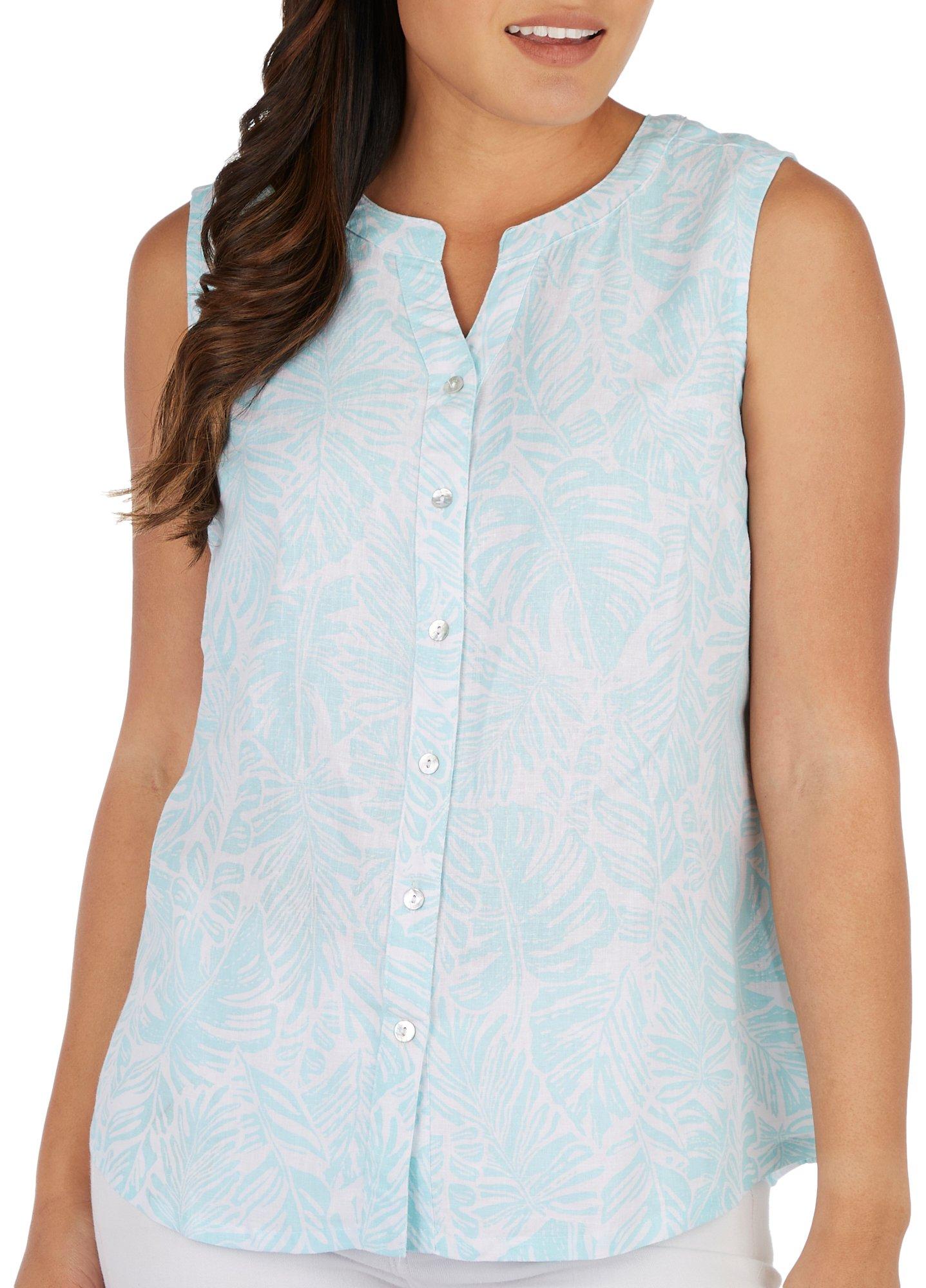 Coral Bay Womens Foliage Print Button Down Sleeveless Top