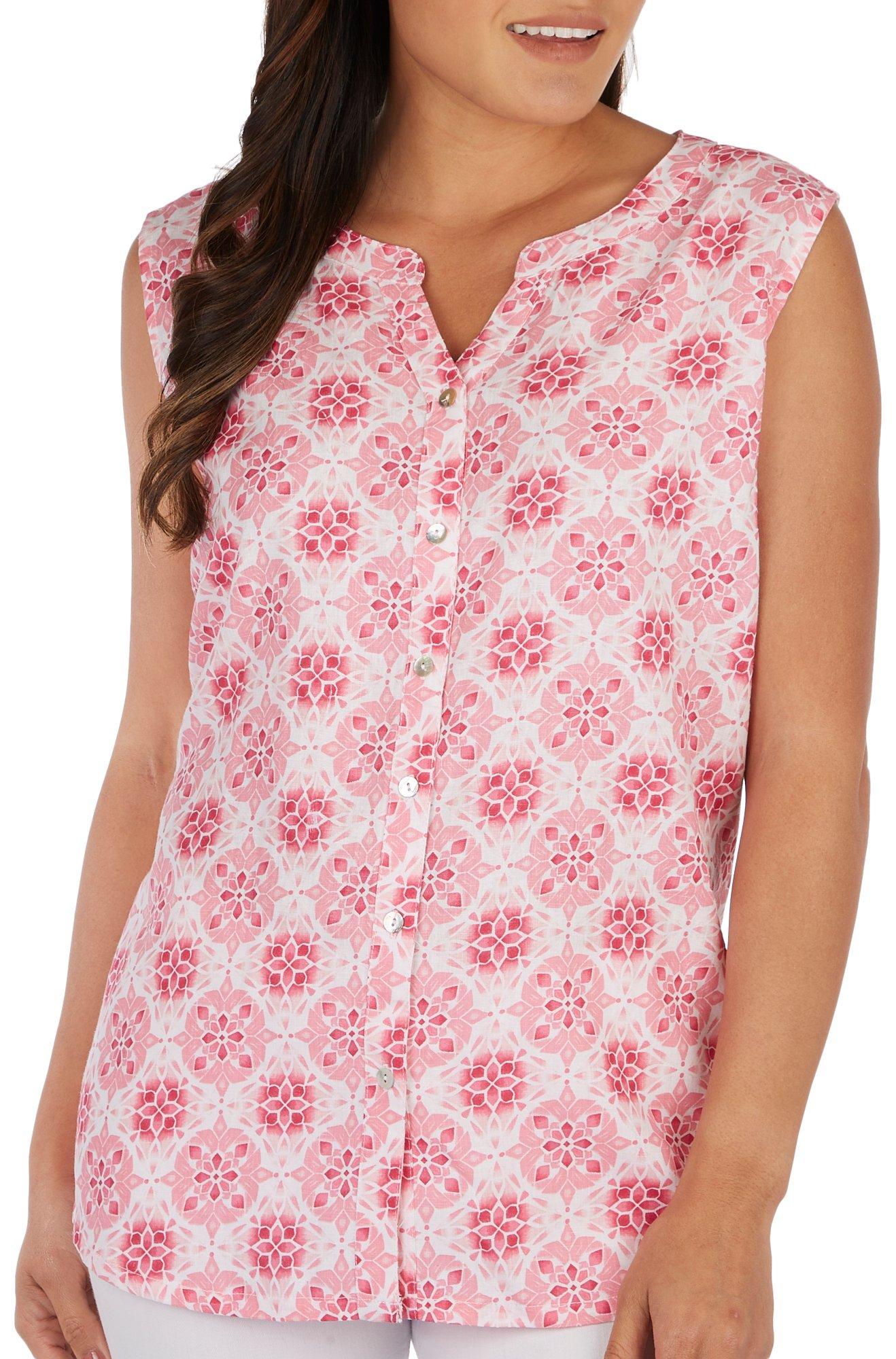 Womens Print Button Down Sleeveless Top
