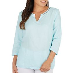 Coral Bay Womens Solid Beaded Woven 3/4 Sleeve Top.