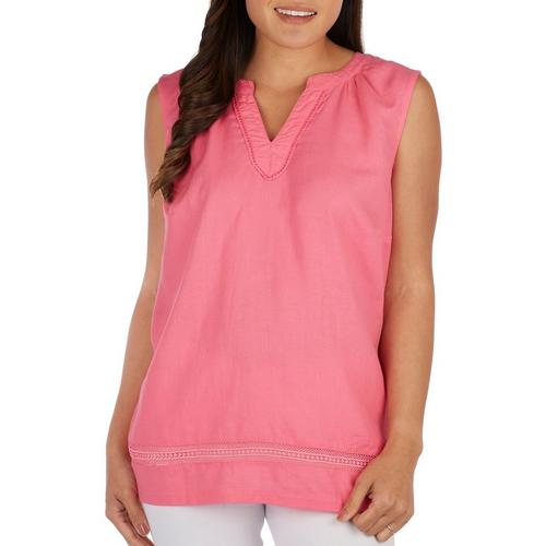 Coral Bay Womens Solid Crocheted Trim Sleeveless Top