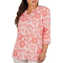 Coral Bay Womens Floral U-Notch Neck 3/4 Sleeve Top