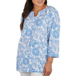 Coral Bay Womens Floral Print U-Notch Neck 3/4 Sleeve Top