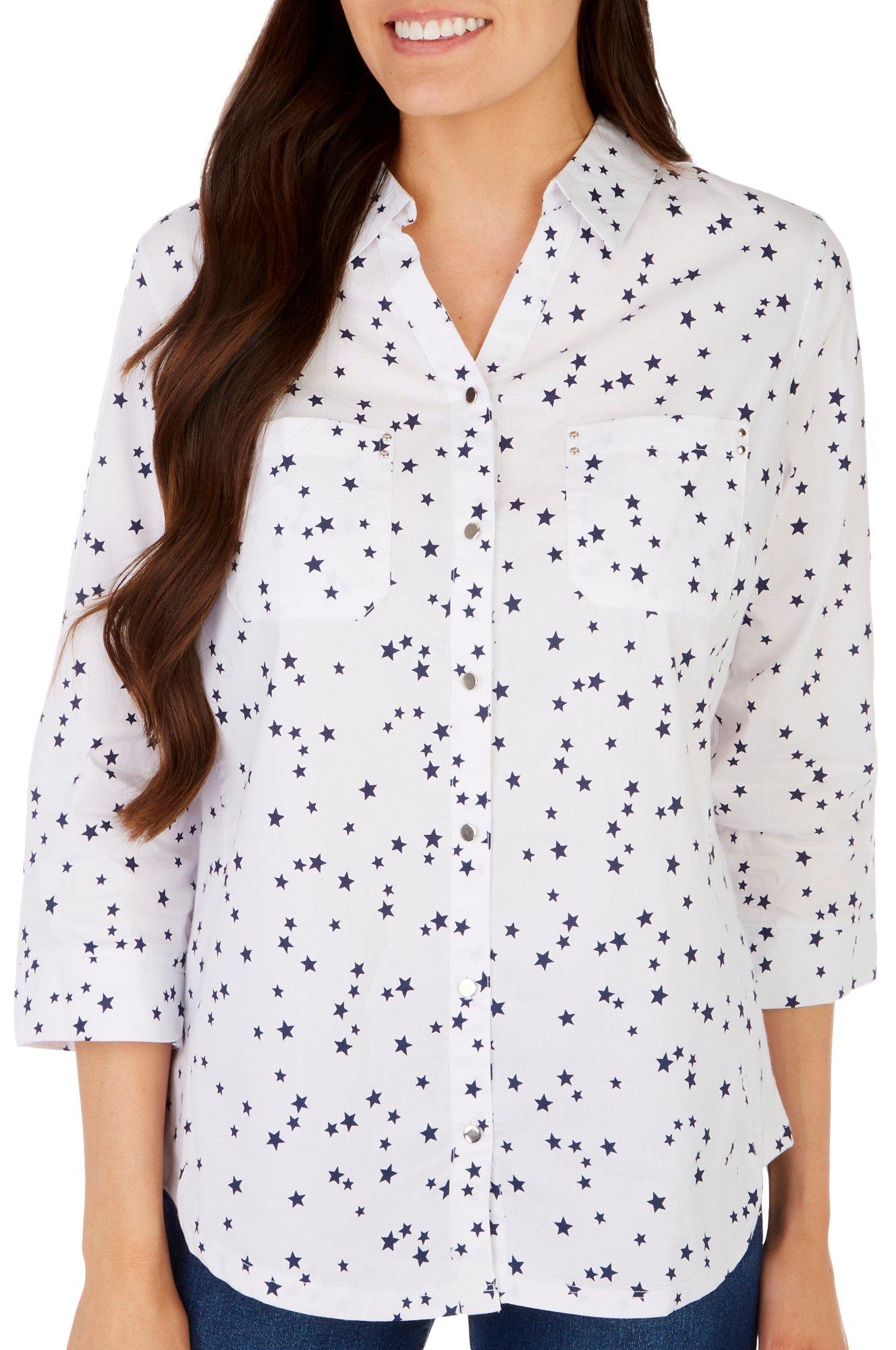 Coral Bay Womens Star Print Knit To Fit 3/4 Sleeve Top