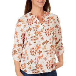 Womens Print Coconut Button 3/4 Sleeve Top