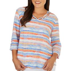 Cure Apparel Womens Striped Bubble Crepe 3/4 Sleeve Top