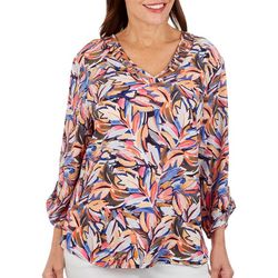Womens Watercolor Cut Out V Neck Textured 3/4 Sleeve Top