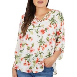Cure Apparel Womens Floral Cut Out 3/4 Sleeve Top